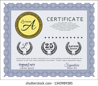 Blue Certificate template. Vector illustration. With great quality guilloche pattern. Money style design. 