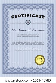 Blue Certificate template. Vector illustration. With background. Good design. 