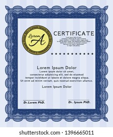 Blue Certificate template. Vector illustration. Complex background. Cordial design. 