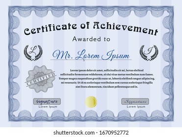 Blue Certificate template. Vector illustration. With linear background. Lovely design. 