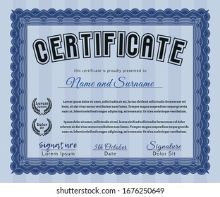Blue Certificate template. Vector illustration. Printer friendly. Elegant design. 