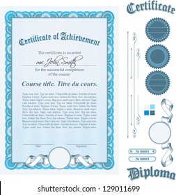 Blue certificate template. Vertical. Additional design elements.