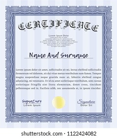 Blue Certificate. Vector illustration. With background. Excellent design. 