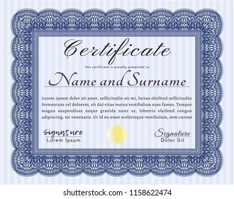 Blue Certificate. Vector illustration. With complex linear background. Money Pattern design. 