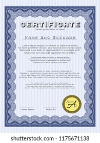 Blue Certificate. Vector illustration. With complex linear background. Artistry design. 