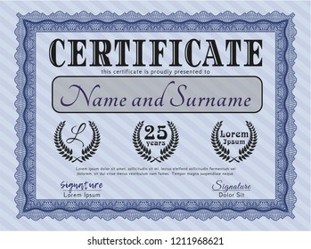 Blue Certificate. Vector illustration. Easy to print. Retro design. 