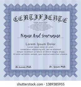 Blue Certificate. Vector illustration. With guilloche pattern and background. Money style design. 