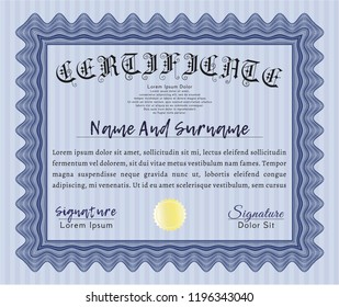 Blue Certificate. Vector illustration. Printer friendly. Beauty design. 