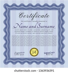 Blue Certificate. Vector illustration. Printer friendly. Nice design. 