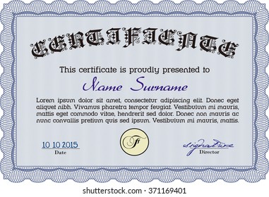 Blue Certificatem diplmoa or award template. Money style design. Design template. With guilloche pattern. 
