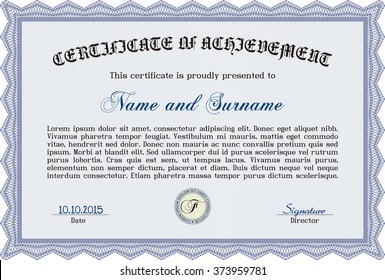 Blue Certificatem diplmoa or award template. Design template. Money style design. With guilloche pattern. 