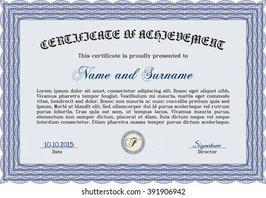 Blue Certificatem diplmoa or award template. Money style design. Design template. With guilloche pattern. 