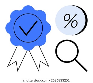 Blue certification badge with check mark, percentage symbol, and magnifying glass. Ideal for quality certification, discounts, analytics, inspections, evaluation, research, education. Line metaphor