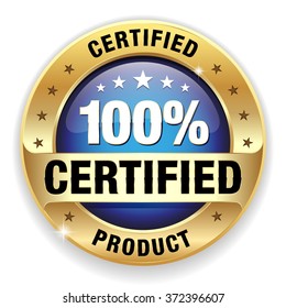 Blue certified product button with gold border on white background