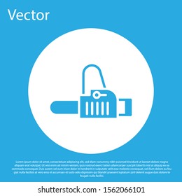 Blue Chainsaw icon isolated on blue background. White circle button. Vector Illustration