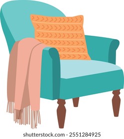 A blue chair with a blue cushion and a pink and orange blanket draped over it