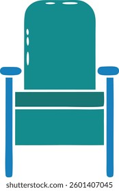A blue chair with a blue cushion. The chair is sitting on a white background
