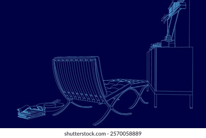 Blue chair with a frame is shown in a dark room. The chair is the main focus of the image, and it is a modern design. The room is dimly lit, which adds to the overall mood of the image