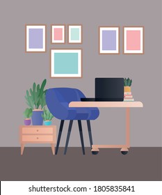 silla azul con portátil y marcos en el diseño de la habitación, Decoración del hogar edificio de la vivienda y tema residencial Ilustración vectorial
