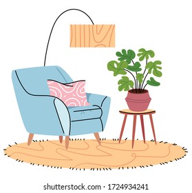 Blue chair with pink pillow.Interior design. Composition from a chair and a coffee table. Concept of modern home interior.Flat cartoon vector illustration.