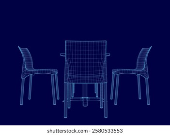 Blue chair is shown in front of two other chairs. The chairs are arranged in a line, with the first chair on the left and the second chair on the right