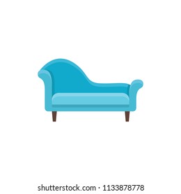 Blue chaise lounge sofa. Vector illustration. Flat icon of settee. Element of modern home & office furniture. Front view.