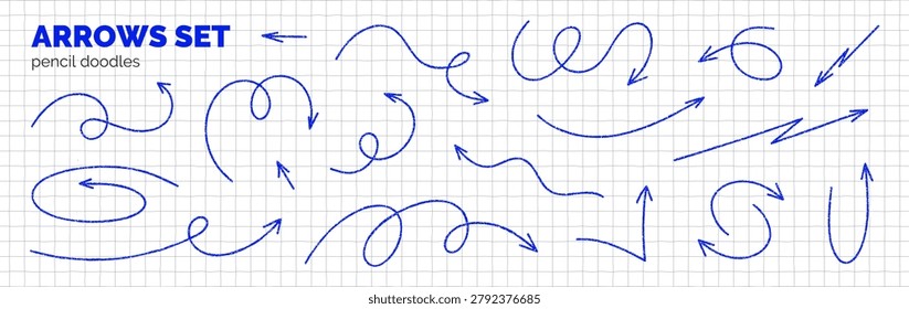 Blue chalk hand drawn arrows set. Crayon or pen texture. Doodle pointer elements with thin curved, twisted and rounded lines. Sketch, scribble or scrapbook style. Vector illustration