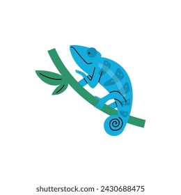Blue chameleon with intricate patterns perched on a green branch, rendered in a clean and modern vector style