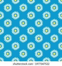 Blue chamomile flowers are simple on a blue background. Floral pattern for textile, fabric, packaging paper, background, wallpaper.