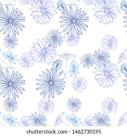 Blue chamomile meadow  wildflower syrface design.  Nature seamless pattern. Silhouette vector. Spring decoration. 