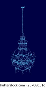 Blue chandelier with a blue background. The chandelier is lit up and has a blue hue