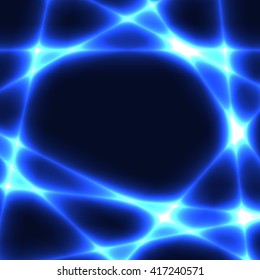 Blue chaotic lines on dark background. Template with blue laser lines. Place for your text in centre.