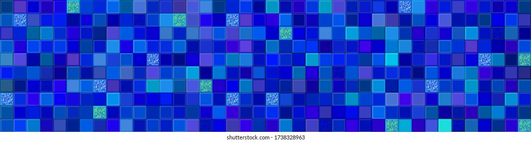 Pancarta de mosaico caótico azul. Ilustración vectorial. Baldosas azules de cerámica con brillo. Patrón sin brillo con diseño geométrico. Sparkles fondo de azulejos. Sigue otros patrones de mosaico en mis colecciones. 