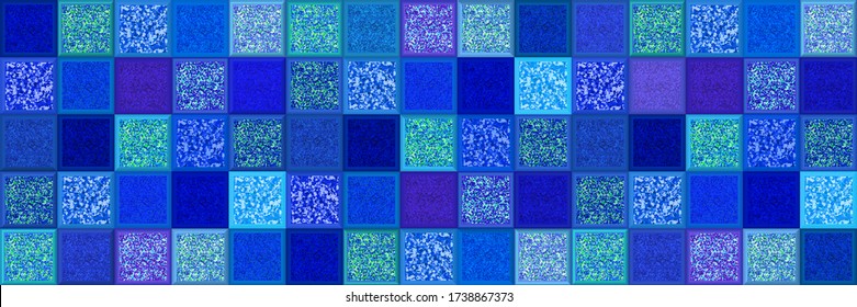 Blue chaotic mosaic banner. Vector illustration. Blue ceramic tiles with glitters. Seamless pattern with geometric design. Sparkles tiles background. Follow other mosaic patterns in my collections. 