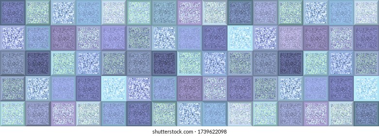 Blue chaotic mosaic banner. Vector illustration. Blue ceramic tiles with glitters. Seamless pattern with geometric design. Sparkles tiles background. Follow other mosaic patterns in my collections. 
