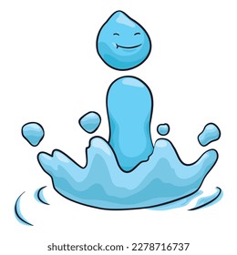 Blue character product of the impact of a drop, with smiling gesture, some splashes and ripples. Cartoon style design.