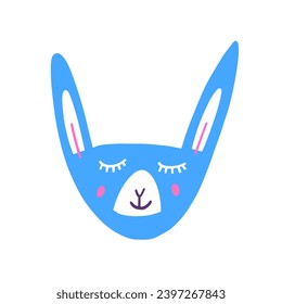 Carácter azul conejo o símbolo de la cara conejita. Arte vectorial de diseño plano aislado en fondo blanco.