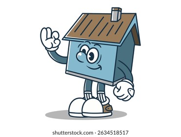 Blue Charming illustration of a whimsical cartoon house character with arms and legs waving joyfully for a welcoming and cheery vibe