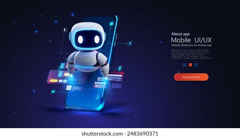 Un encantador personaje robot azul se involucra con un teléfono inteligente, destacando la fusión de la IA y la tecnología cotidiana, ideal para temas de futuras innovaciones en robótica y App móviles. Concepto de bot de chat.