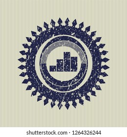 Blue chart icon inside distressed with rubber seal texture