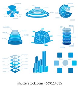 Blue chart icons set with several different types of charts 2d 3d and percentage vector illustration