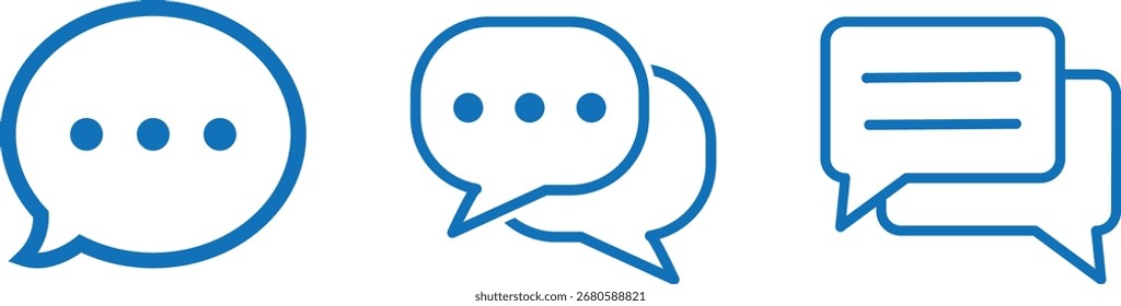 Conjunto de iconos de burbuja de chat azul. Símbolos de mensajes, textos, discursos y conversaciones para comunicación y diseño de redes sociales.