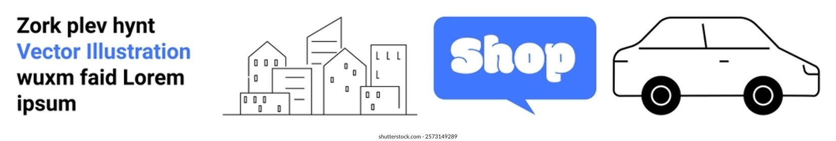 Blue Chat Bubble with Shop text, buildings in black and white, and a black and white car. Ideal for urban living, shopping, transportation, e-commerce, and city planning. Banner for landing page