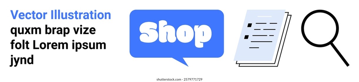 Blue chat bubble with Shop text, document, and magnifying glass. Ideal for online stores, e-commerce sites, virtual shops, digital marketing, and web search. Banner for landing page