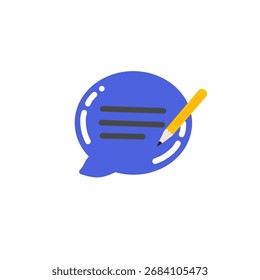 balão de bate-papo azul com linhas de texto e um lápis amarelo. Conceito de mensagem de escrita, comentário, comunicação, feedback, interação de mídia social ou discussão online.