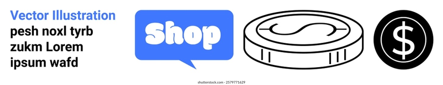 Blue chat bubble with the word shop next to a coin symbol illustrates online, shopping finances and e-commerce transactions Ideal for online stores digital transactions financial education