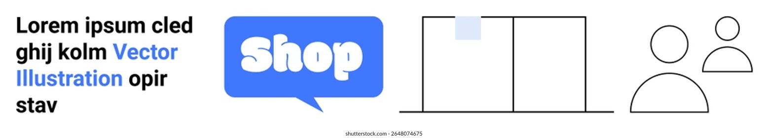 Blue chat bubble with the word Shop laptop screen two user icons and placeholder text, in black Ideal for e-commerce websites digital marketing online shopping product promotions and customer