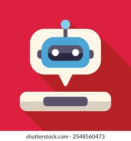 Blue chatbot is speaking from inside a speech bubble over a text bar