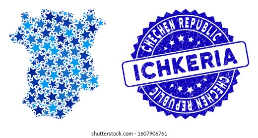 Blue Chechnya map collage of stars, and textured rounded stamp seal. Abstract geographic scheme in blue shades. Vector Chechnya map is constructed of blue stars.