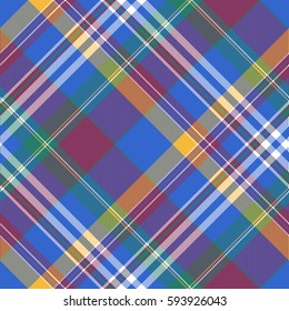 Blue check diagonal plaid tartan seamless fabric texture. Vector illustration.